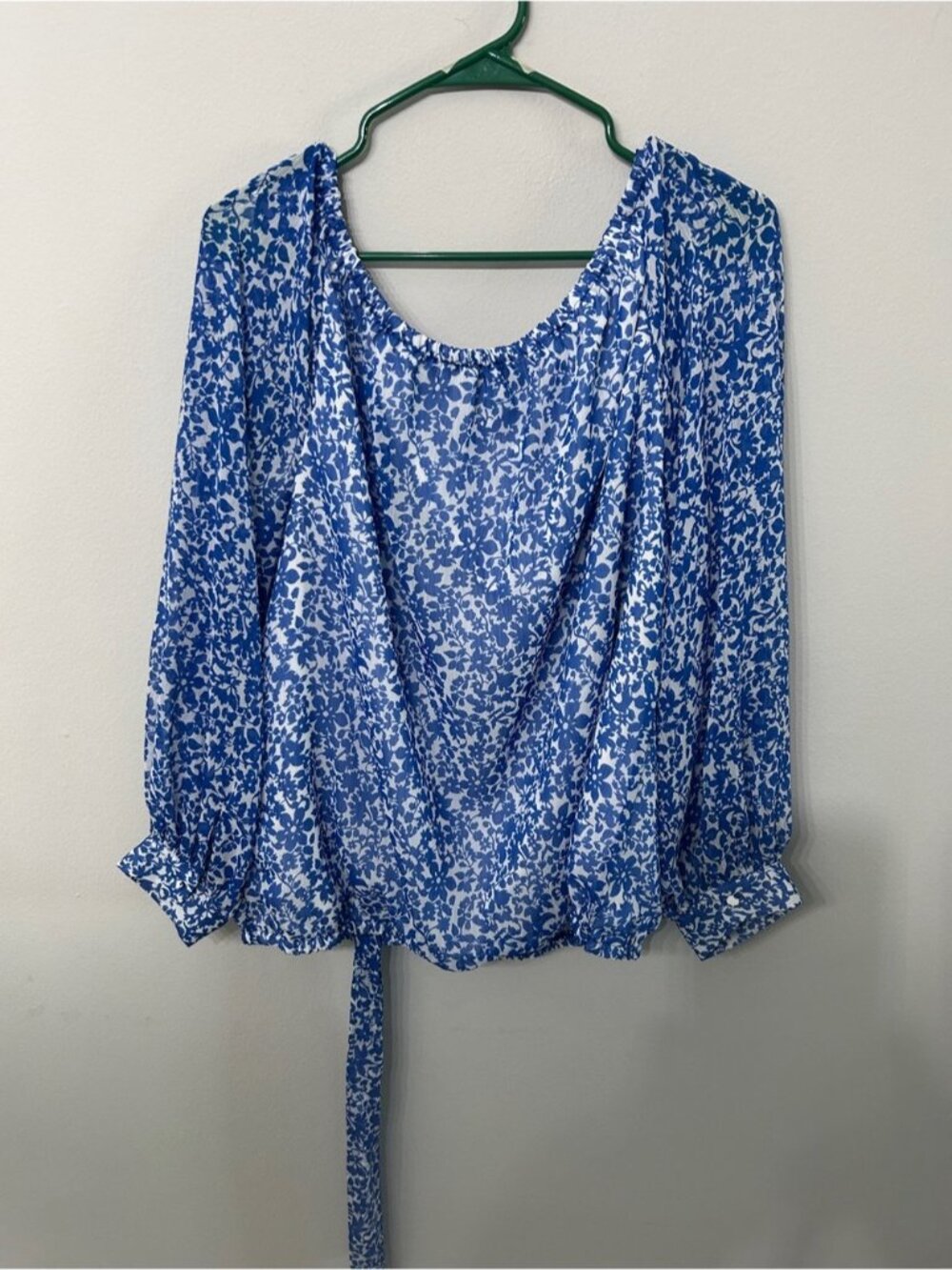 CeCe Blue and White Floral Tie Peasant Blouse - Picture 2 of 4